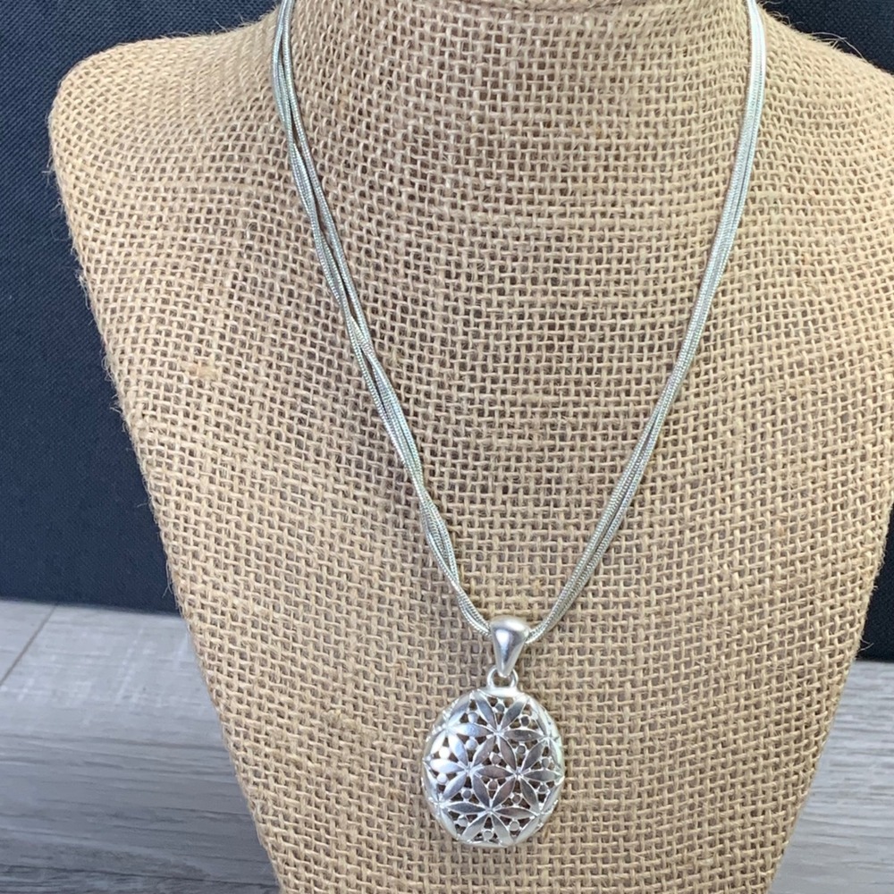 Silver Tone Triple Strand Snake Chain Necklace Geometric Floral Pendant 16"